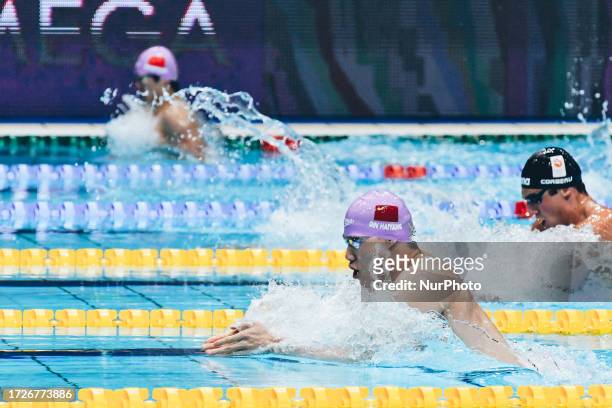 Men 200m Breastroke - Haiyang Qin, Zhihao Dong and Caspar Corbeau battle for the podium during the World Aquatics Swimming World Cup 2023 - Leg 2 -...