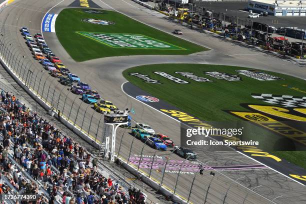 Brad Keselowski and Kyle Larson lead the field to the starting line for a restart during the NASCAR Cup Series Playoff South Point 400 on October 15...