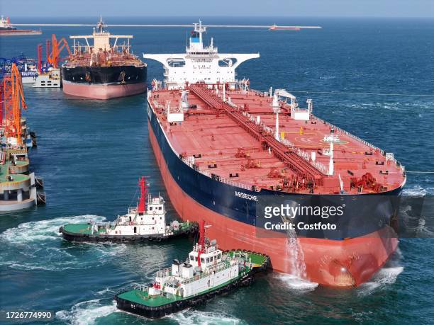 Large oil tanker leaves the 300,000-ton crude oil terminal at Yantai Port in Shandong province, China, Oct 15, 2023. On October 13 the General...