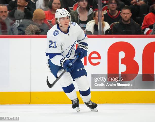 Brayden Point the Tampa Bay Lightning skates against the Ottawa Senators at Canadian Tire Centre on October 15, 2023 in Ottawa, Ontario, Canada.