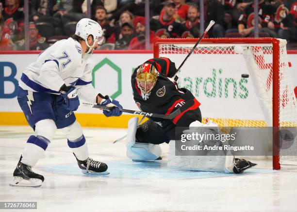 Anthony Cirelli of the Tampa Bay Lightning scores a second period goal against Joonas Korpisalo of the Ottawa Senators at Canadian Tire Centre on...