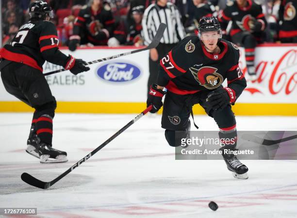 Parker Kelly of the Ottawa Senators skates against the Tampa Bay Lightning at Canadian Tire Centre on October 15, 2023 in Ottawa, Ontario, Canada.