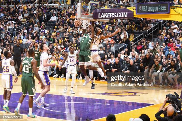 Chris Livingston of the Milwaukee Bucks dunks the ball during the game against the Los Angeles Lakers on October 15, 2023 at Crypto.Com Arena in Los...