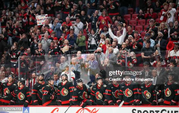 The bench of the Ottawa Senators cheer after Brady Tkachuk scores a goal in the third period against the Tampa Bay Lightning at Canadian Tire Centre...