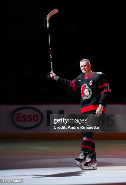 Brady Tkachuk of the Ottawa Senators salutes the crowd after being named first star of the game after his teams' 5-2 win against the Tampa Bay...