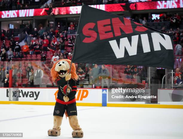 Spartacat of the Ottawa Senators waves the "sens win" flag after his teams' 5-2 win against the Tampa Bay Lightning at Canadian Tire Centre on...