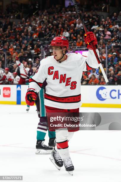 Teuvo Teravainen of the Carolina Hurricanes celebrates a goal in the second period of the game against the Anaheim Ducks on October 15, 2023 at Honda...