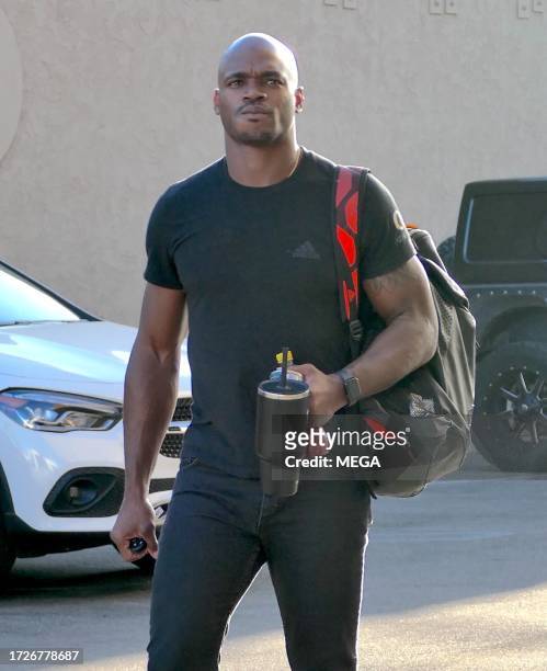 Adrian Peterson is seen arriving at the 'Dancing With The Stars' rehearsals on October 14, 2023 in Los Angeles, California.