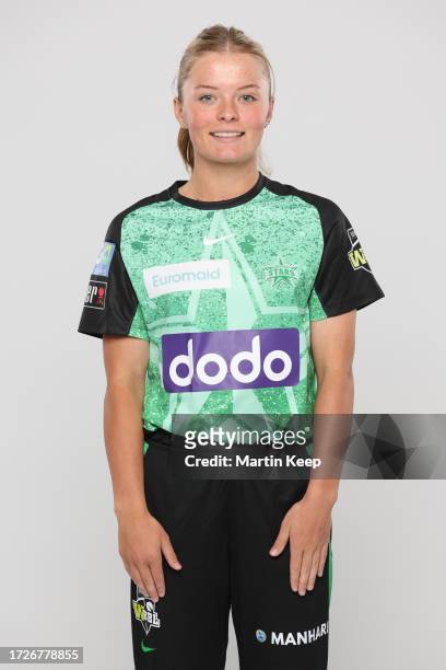 Milly Illingworth of Melbourne Stars poses during a Melbourne Stars WBBL Headshots Session at Junction Oval on October 16, 2023 in Melbourne,...