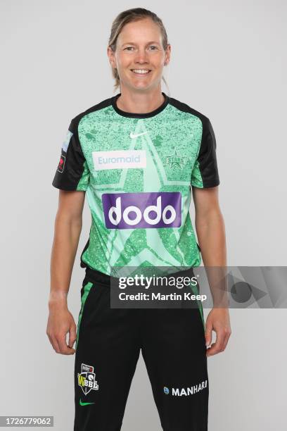 Meg Lanning of Melbourne Stars poses during a Melbourne Stars WBBL Headshots Session at Junction Oval on October 16, 2023 in Melbourne, Australia.