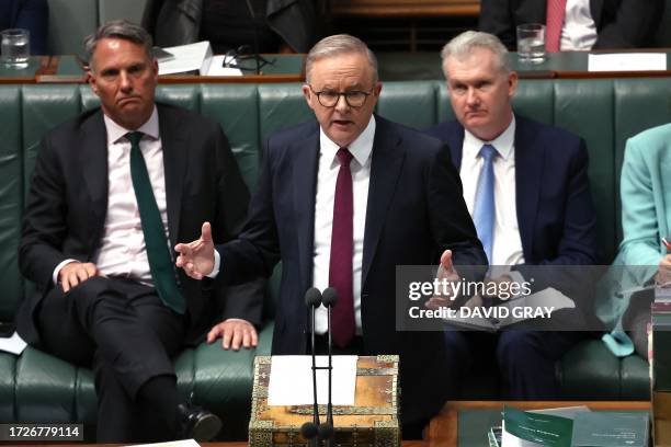 Australian Prime Minister Anthony Albanese speaks during Question Time in the House of Representatives at Parliament House in Canberra on October 16,...