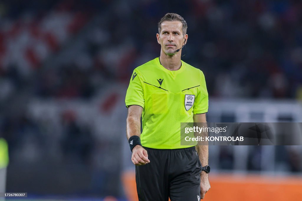 Croatian referee Duje Strukan looks during the Euro 2024 Qualifier