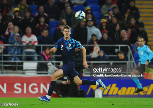 Croatia's Josip Stanisic during the UEFA EURO 2024 European qualifier match between Wales and Croatia at Cardiff City Stadium on October 15, 2023 in...