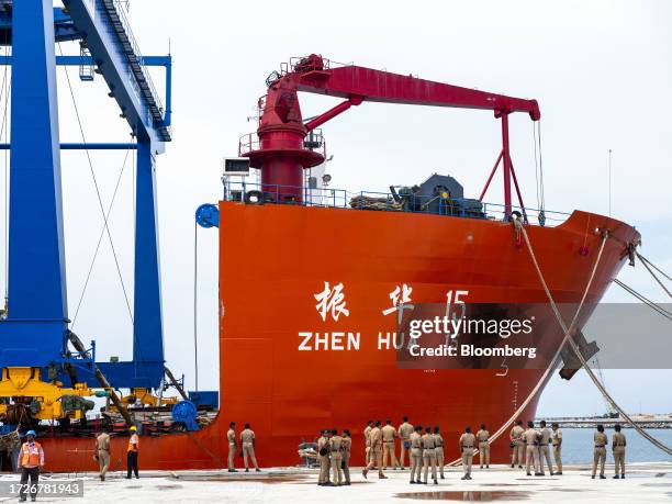 The Zhen Hua 15 heavy load cargo carrier at the Vizhinjam transshipment container port, developed by Adani Ports and Special Economic Zone Ltd.,...