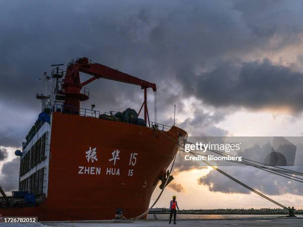 The Zhen Hua 15 heavy load cargo carrier at the Vizhinjam transshipment container port, developed by Adani Ports and Special Economic Zone Ltd.,...