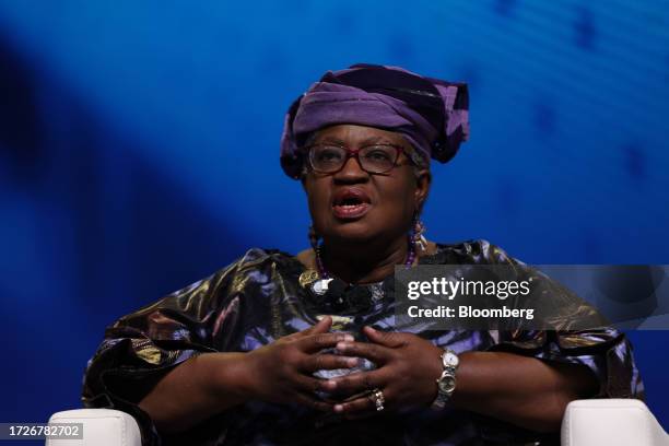 Ngozi Okonjo-Iweala, director-general of the World Trade Organization , during a panel session at the annual meetings of the International Monetary...