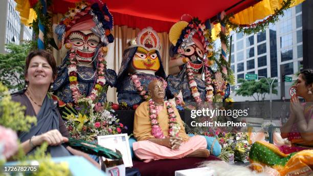 People are participating in the annual Hindu festival Ratha Yatra in Sao Paulo, Brazil, on October 15, 2023.