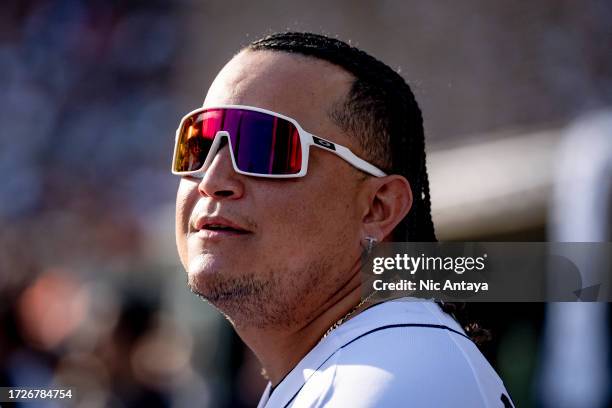 Miguel Cabrera of the Detroit Tigers looks on against the Cleveland Guardians at Comerica Park on October 01, 2023 in Detroit, Michigan.