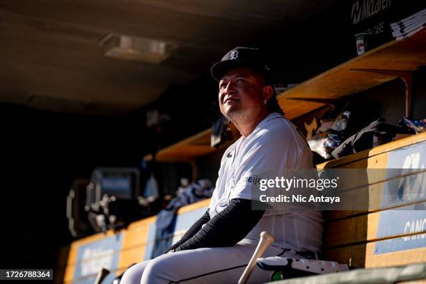 Miguel Cabrera of the Detroit Tigers looks on against the Cleveland Guardians at Comerica Park on October 01, 2023 in Detroit, Michigan.