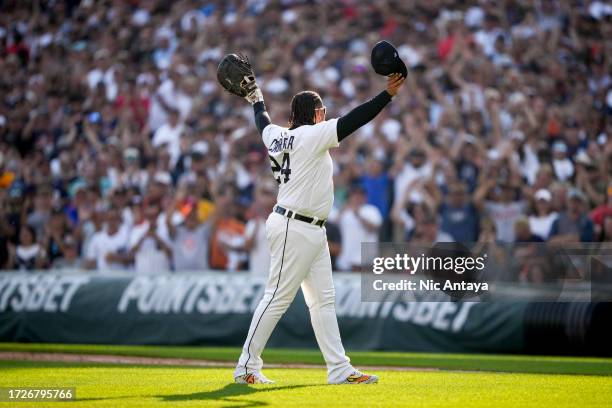 Miguel Cabrera of the Detroit Tigers waves against the Cleveland Guardians at Comerica Park on October 01, 2023 in Detroit, Michigan.