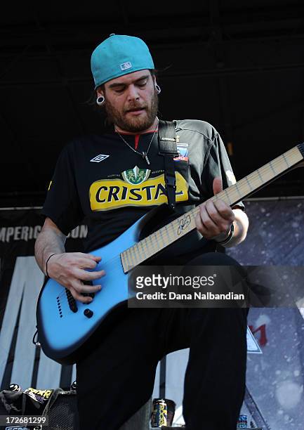 Guitar player Jesse Ketive of Emmure performs at White River Amphitheater on July 3, 2013 in Auburn, Washington.