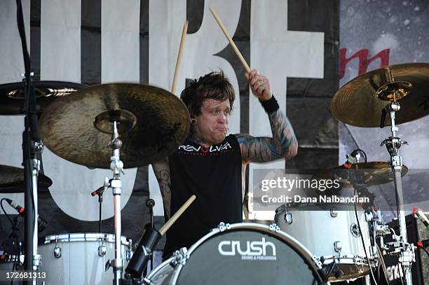 Drummer Mark Castillo if Emmure performs at White River Amphitheater on July 3, 2013 in Auburn, Washington.