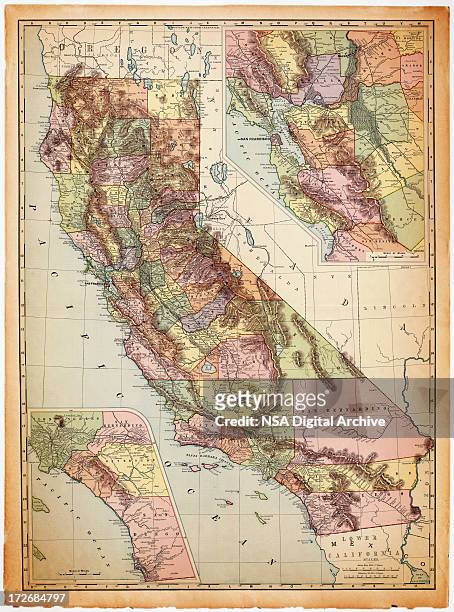 stockillustraties, clipart, cartoons en iconen met topographical california map color coded by county - californië