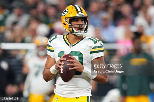Jordan Love of the Green Bay Packers looks to throw the ball during the first quarter against the Las Vegas Raiders at Allegiant Stadium on October...