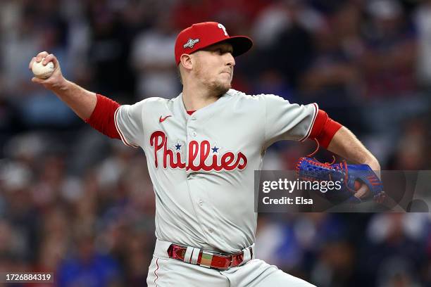 Jeff Hoffman of the Philadelphia Phillies pitches in the eighth inning against the Atlanta Braves during Game Two of the Division Series at Truist...