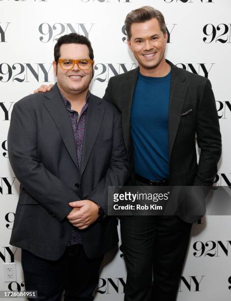 Josh Gad and Andrew Rannells attend "In Conversation With Josh Horowitz" at 92nd Street Y on October 09, 2023 in New York City.