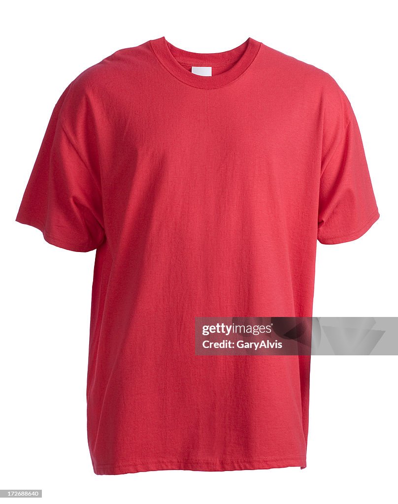 Red, blank, short sleeved t-shirt front-isolated on white