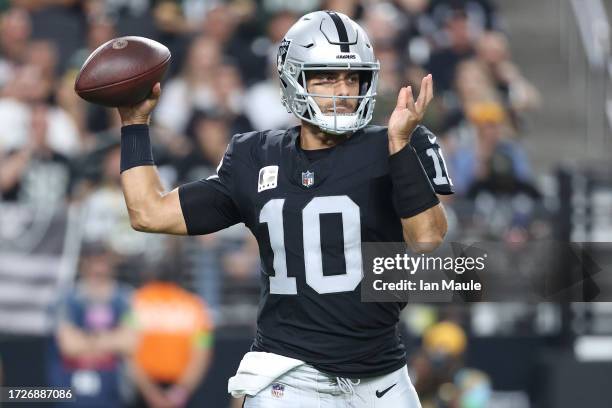 Jimmy Garoppolo of the Las Vegas Raiders throws the ball during the first quarter against the Green Bay Packers at Allegiant Stadium on October 09,...