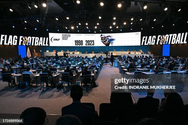 Digital display shows the game of Flag football for its feature as one of five new sports at the 2028 Olympic Games in Los Angeles, during the second...