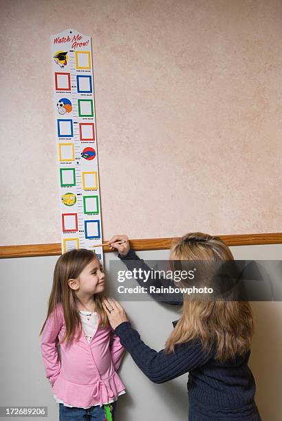 mom measuring the growth of her daughter. - kids growth chart stock pictures, royalty-free photos & images