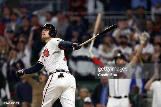 Austin Riley of the Atlanta Braves hits a two-run home run in the eighth inning against the Philadelphia Phillies during Game Two of the Division...
