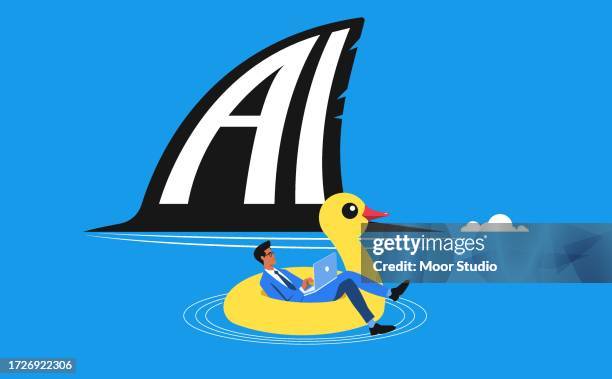 manager floating on the rubber ring and ai shark illustration - fake shark fin stock illustrations