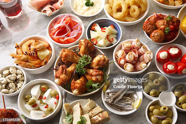 spanish stills: tapas - large variety - tapas spain stock pictures, royalty-free photos & images