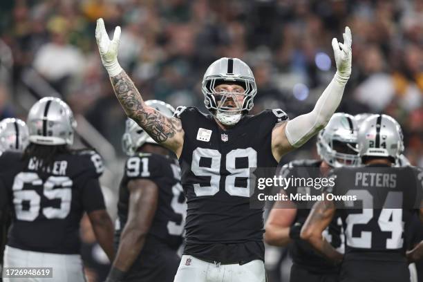Maxx Crosby of the Las Vegas Raiders reacts during an NFL football game between the Las Vegas Raiders and the Green Bay Packers at Allegiant Stadium...