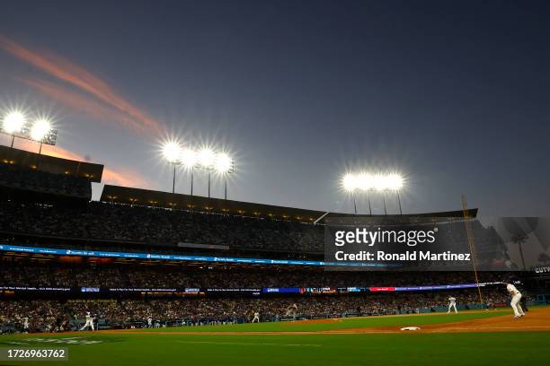 General view inside Dodger Stadium during Game Two of the Division Series between the Los Angeles Dodgers and the Arizona Diamondbacks on October 09,...