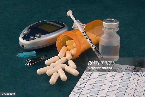 a picture of pills and diabetic supplies - diabetes pills stock pictures, royalty-free photos & images