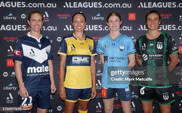 Elise Kellond-Knight of Melbourne Victory, Kyah Simon of the Central Coast Mariners, Cortnee Vine of Sydney FC and Chloe Logarzo of Western United...