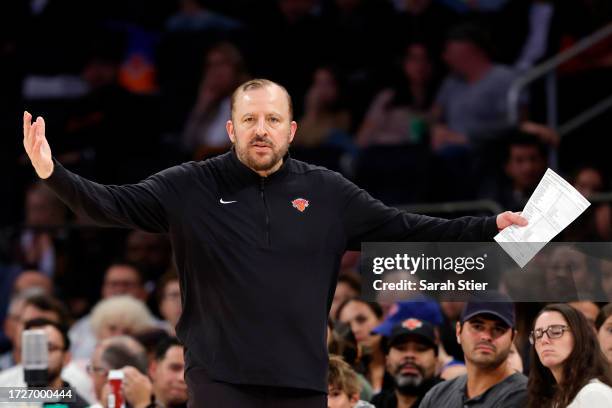 Head coach Tom Thibodeau of the New York Knicks reacts during the second half of a preseason game against the Boston Celtics at Madison Square Garden...