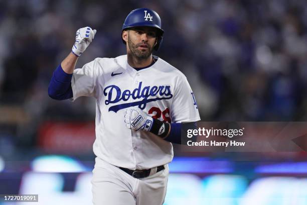 Martinez of the Los Angeles Dodgers celebrates his solo home run against the Arizona Diamondbacks during the fourth inning in Game Two of the...