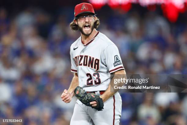 Zac Gallen of the Arizona Diamondbacks reacts after striking out Freddie Freeman of the Los Angeles Dodgers to end the fifth inning in Game Two of...