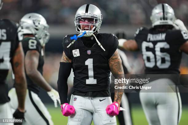 Marcus Epps of the Las Vegas Raiders reacts after an interception during the second half against the Green Bay Packers at Allegiant Stadium on...