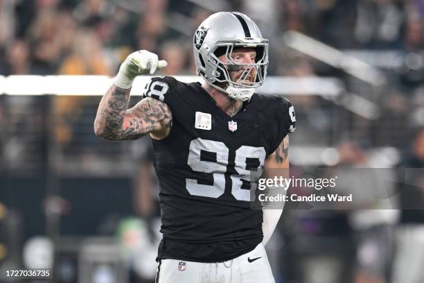 Maxx Crosby of the Las Vegas Raiders reacts during the fourth quarter against the Green Bay Packers at Allegiant Stadium on October 09, 2023 in Las...