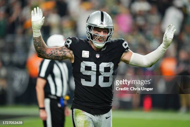 Maxx Crosby of the Las Vegas Raiders reacts after a stop during the fourth quarter \agb at Allegiant Stadium on October 09, 2023 in Las Vegas, Nevada.