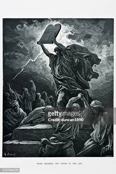 moses breaking tables of the law - old testament stock illustrations