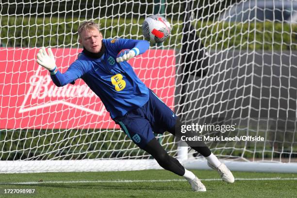 Aaron Ramsdale during the England men training session at Tottenham Hotspur Training Centre on October 16, 2023 in Enfield, England.