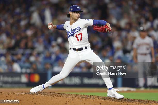 Joe Kelly of the Los Angeles Dodgers pitches against the Arizona Diamondbacks during the seventh inning in Game Two of the Division Series at Dodger...